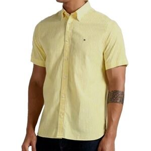 Tommy Hilfiger Mens Yellow Striped Short Sleeve Button Down Shirt